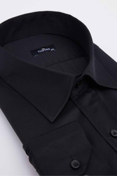Tudors Büyük Beden Uzun Kollu Saten Erkek Siyah Gömlek