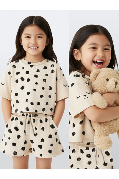 Denokids Σετ για κορίτσια, Λεοπάρ, Πετσετένιο Υφασμάτινο Μπλουζάκι, Σορτς, Κα...