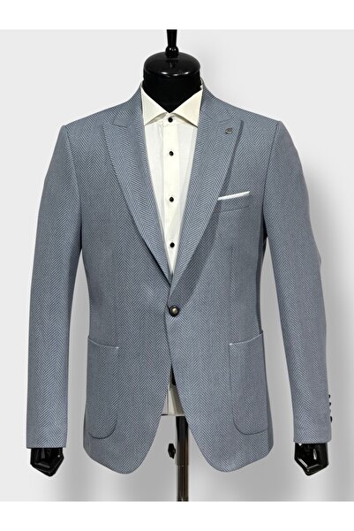 KAMER Men's 6 Drop Single Button Pointed Collar Fishbone Blue Jacket 1657m