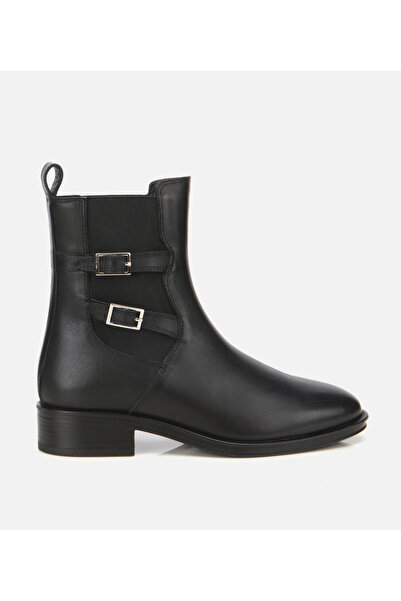 Hotiç Kadın Deri Siyah Tokalı Lastik Detaylı Düz Bot
