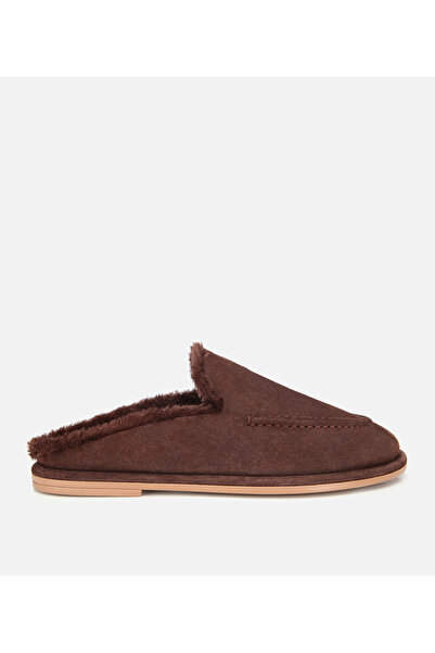 Hotiç Kadın Süet Deri Kahverengi İçi Kürklü Düz Günlük Terlik