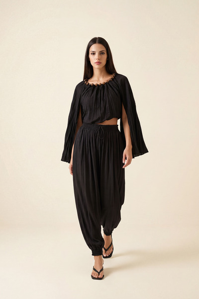 Setre Pantaloni negri cu talie elastică, cu șireturi și detaliu la picior, cr...