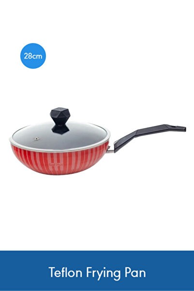 Saif Plus مقلاة تيفلون 28 سم مع غطاء زجاجي - تصميم أحمر متين لتوزيع متساوٍ لل...