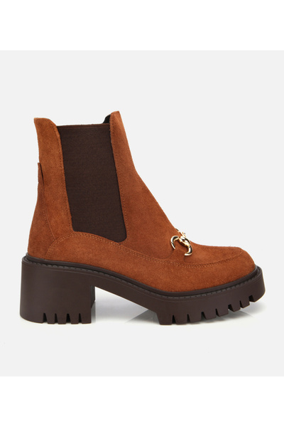 Hotiç Kadın Süet Deri Taba Tokalı Lastik Detaylı Kalın Tabanlı Topuklu Bot