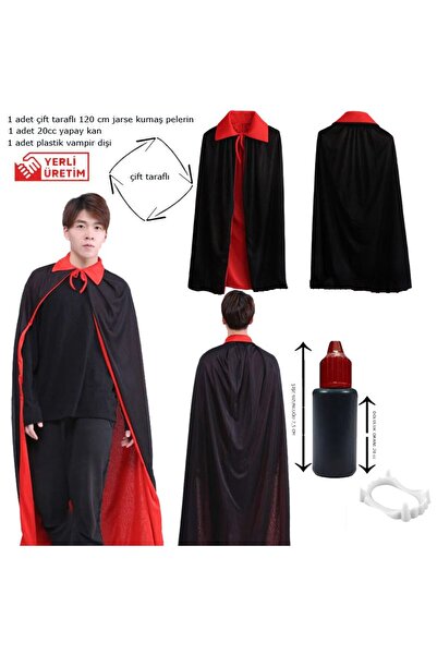 partidolu Kırmızı Siyah Renk 120 cm Çift Taraflı Drakula Vampir Pelerini Dişi...