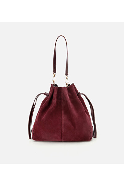 Hotiç Kadın Süet Deri Bordo Bucket Omuz Çantası