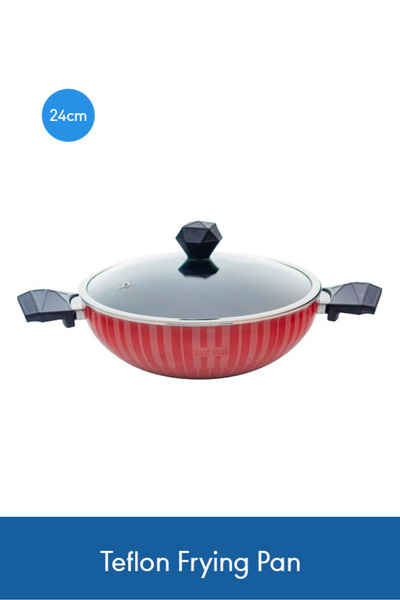 Saif Plus مقلاة تيفلون 24 سم مع غطاء زجاجي - جسم أحمر ومقبض أسود لسهولة الطهي...