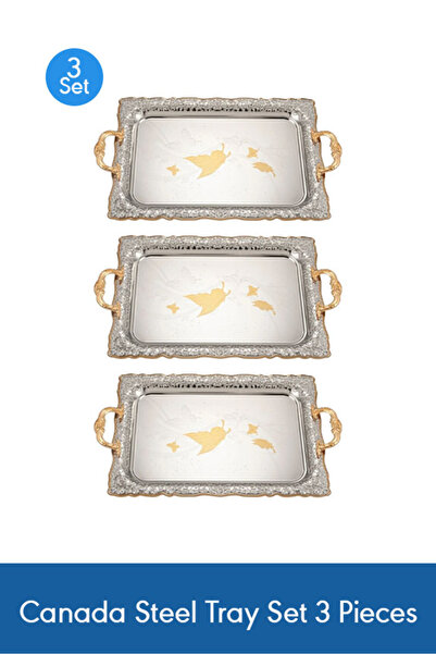 Saif Plus طقم صواني فولاذية كندية مكون من 3 قطع - تصميم مستطيل فضي وذهبي لتقد...