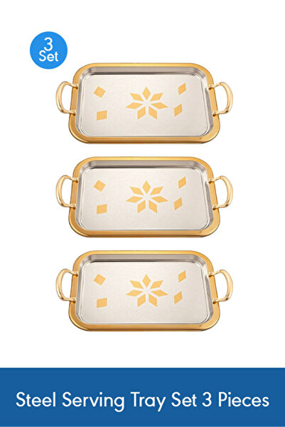 Saif Plus طقم صواني تقديم من الفولاذ المقاوم للصدأ مكون من 3 قطع - تصميم مستط...