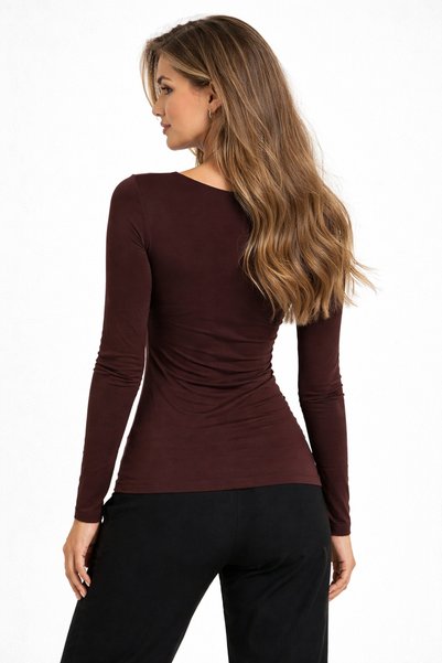 BY HUPE Women's U-Neck Sandy Long Sleeve Blouse with Chest Buckle Detail