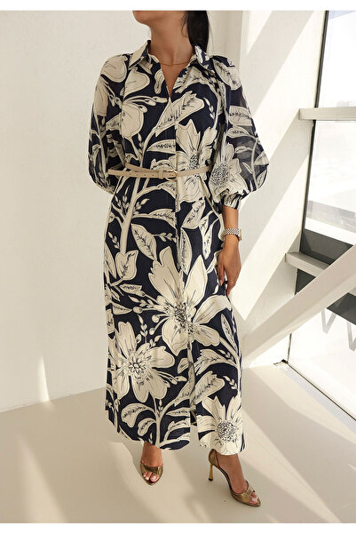 Setre Rochie albastru bleumarin cu guler cămașă, mâneci lungi, cu centură în ...