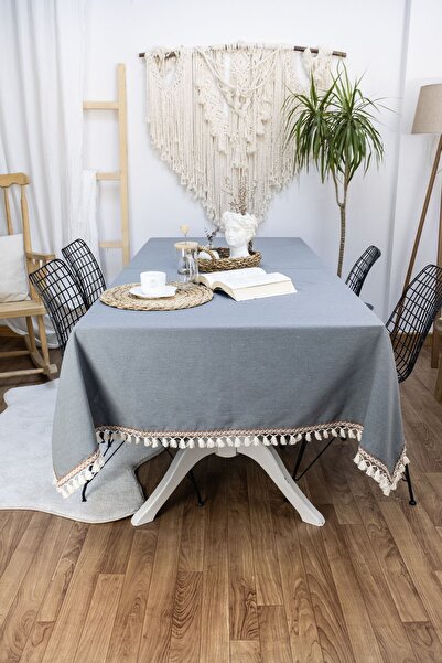 NDC HOME Льняна преміум-скатертина кольору димчастого з коричневою смужкою та...