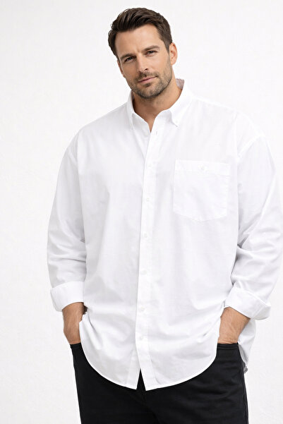 Varetta Men's White Plus Size Shirt Long Sleeve with Pockets and Collar Buttons