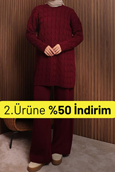 Balenbi طقم تريكو نسائي قصة فضفاضة بنمط تريكو للشعر مع بنطلون 1135