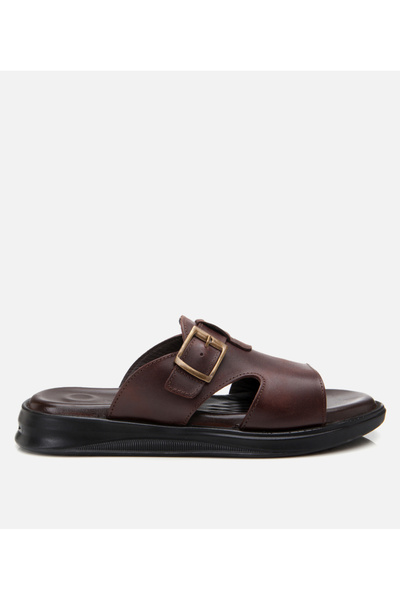 Hotiç Ανδρικές δερμάτινες καφέ ελαφριές παντόφλες με λεπτομέρεια ζώνης σόλας