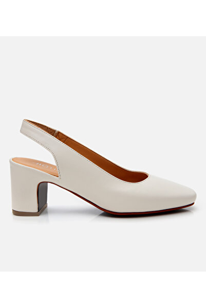 Hotiç Kadın Deri Ekru Rahat Arkası Açık Kalın Topuklu Ayakkabı