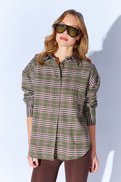 EDITION WOMAN Πουκάμισο oversized με καρό σχέδιο χακί |   ΕΚ108610714