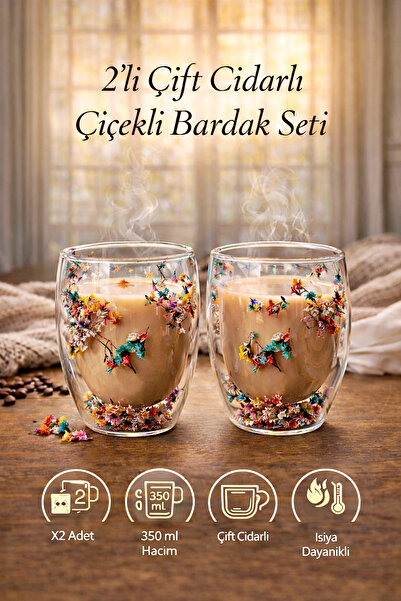 Tilbe Home 2'li Çift Cidarlı Flower Cup 350ml Çiçekli Bardak Kahve Çay Bardağ...
