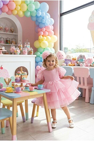 BUTİKHAPPYKİDS Rochie de seara pentru fetita, roz Caroline, din stofa, cu man...