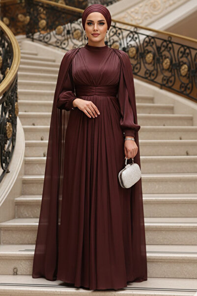 N.S NEVA STYLE - Rochie de seara maro hijab cu pelerina 5447KH
