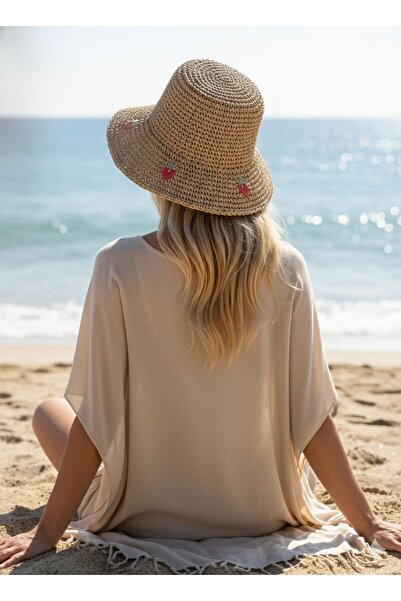 Axesoire 14521 Χειροποίητο ψάθινο καπέλο καμήλας με κέντημα φράουλας