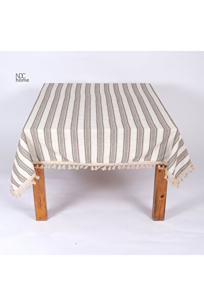 NDC HOME Linen Woven - Brown Striped Pompom Tablecloth