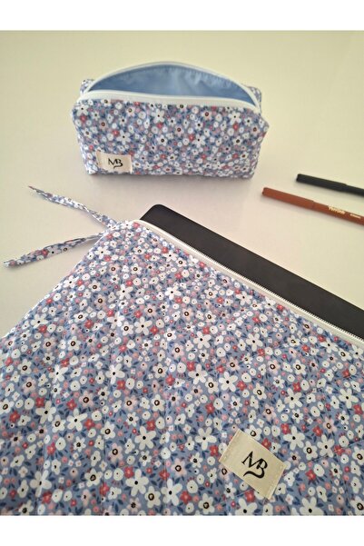 MB Blue Floral Patterned Laptop Sleeve - Pen Holder Set - 13 - 14 Inc Compatible