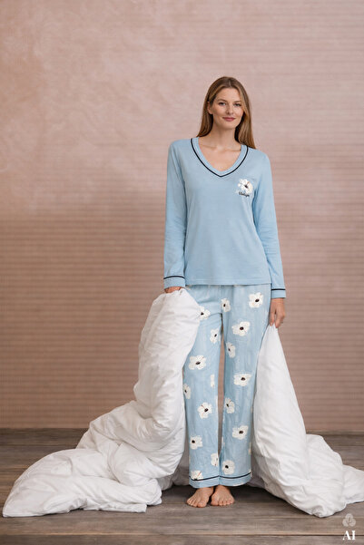 koza iç giyim Kadın V Yaka Çiçek Desenli Ara Biyeli Uzun Kollu Pamuklu Pijama...