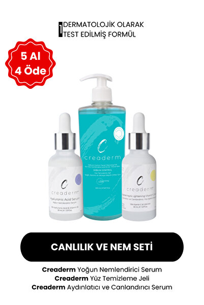 CREADERM Canlılık ve Nem Seti (Yüz Temizleme Jeli & Nemlendirici Serum & C Vi...