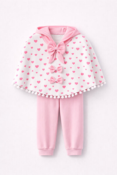mini kanka Pompom Detailed Heart Patterned Baby Poncho Set Long Sleeve Badi 0...