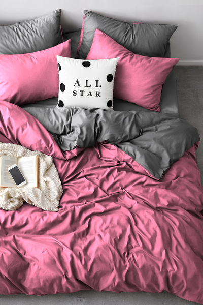 Always Oboustranná sada povlečení na dvojlůžko s elastickým lemem, růžovo-šedá