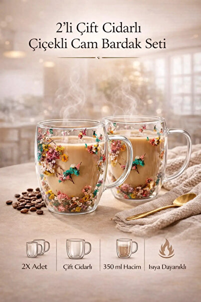 Fatmazel 2li Çift Cidarlı Flower Cup 350ml Çiçekli Bardak Kahve Çay Bardağı E...