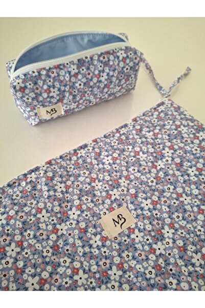 MB Blue Floral Patterned Laptop Sleeve - Pen Holder Set - 15 - 16 Inc Compatible