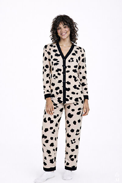 koza iç giyim Women's Leopard Patterned Band Detailed Buttoned Pajamas Set