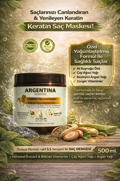 ARGENTİNA KERATİN At Kuyruğu Argan Yağlı Saç Maskesi - Saç Kremi 500ml