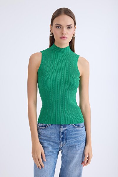 Vitrin High Neck Knit Pattern Zero Sleeve Knitwear Blouse