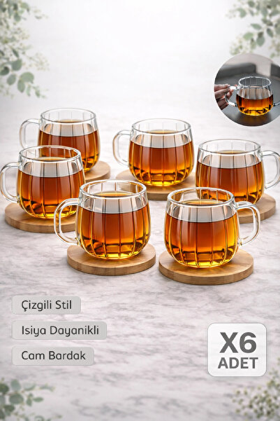 Berdina Home 6'lı Çizgili Still Cam Bardak 250 ml Isıya Dayanıklı Kahve Sunum...