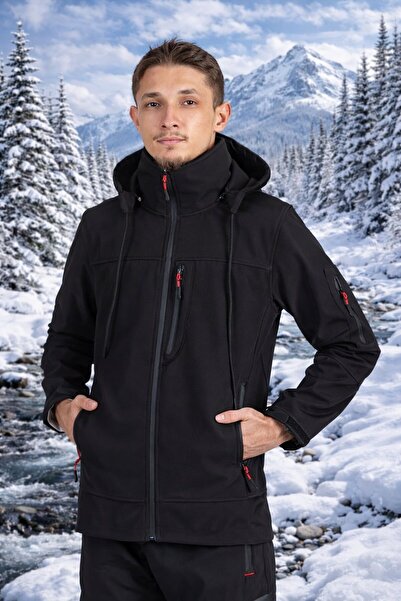 Vatan Tekstil Erkek Slim Fit Softshell Kapüşonlu Erkek Mont Su İtici Rüzgar Geçirmez