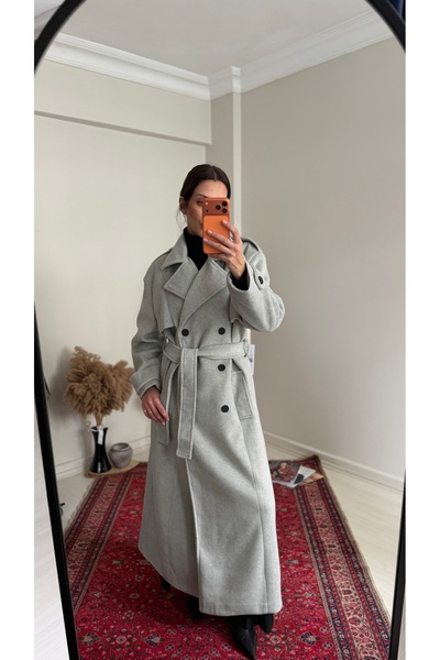 NURCAN KESKİN STORE Gray Belted Premium Stamp Coat
