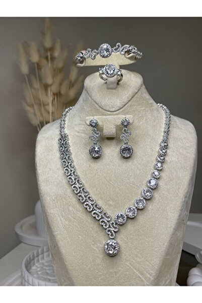 Luxiva Zirkon Taşlı Gümüş Kaplama Lüks Kolye Küpe Bileklik Yüzük gelin hediye...