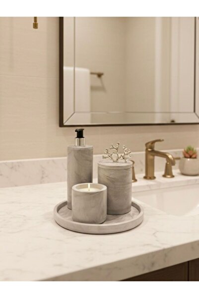 BeeCandleHome Gri Mermer Desenli Banyo Seti - Gri Toka