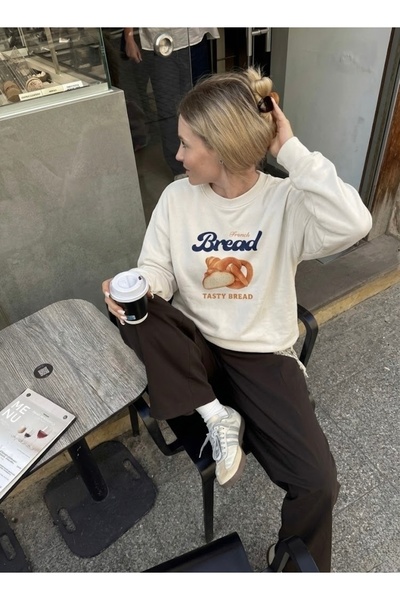 Disante Hanorac oversize pentru femei cu imprimeu Bread – Gât cu gât rotund, ...