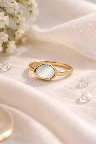 Glowy&Co. Luna Damla İnci 14K Altın Rengi Kararmaz Çelik Minimal Yüzük