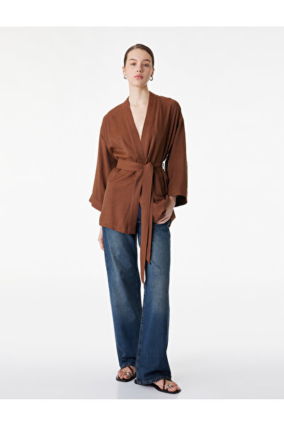 Koton Viscose Fabric Long Wide Sleeve Kimono with Sash Detail