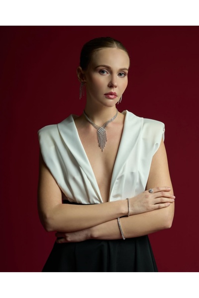 ZD JEWELRY Çelik 316 L Kararmaz Zirkon Taşlı Kadın 2 Lİ Abiye Düğün Nişan Gün...