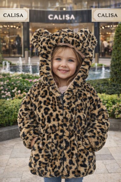 CALİSA Girl's Leopard Print Plush Fur Coat Coat