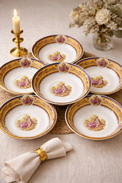 Pardis 6’lı vintage Desenli Porselen Çay Tabağı Altın Yaldızlı, Vintage Şık S...