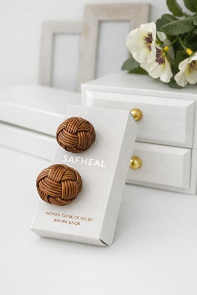 Safheal 2 Adet Bohem Hasır Bambu Rattan Yuvarlak Kulp - Koyu Meşe Renk