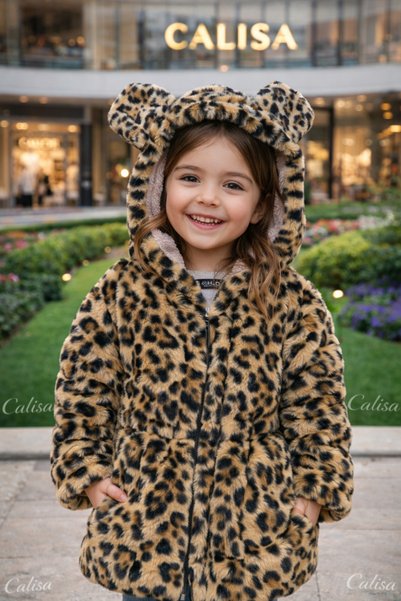 CALİSA Girl's Leopard Print Plush Fur Coat Coat
