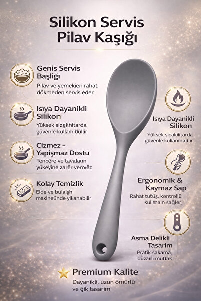 Single ( 1 Adet ) Ultra Sert Uçlu Silikon Servis Pilav Kaşığı Yüksek Isıya Da...